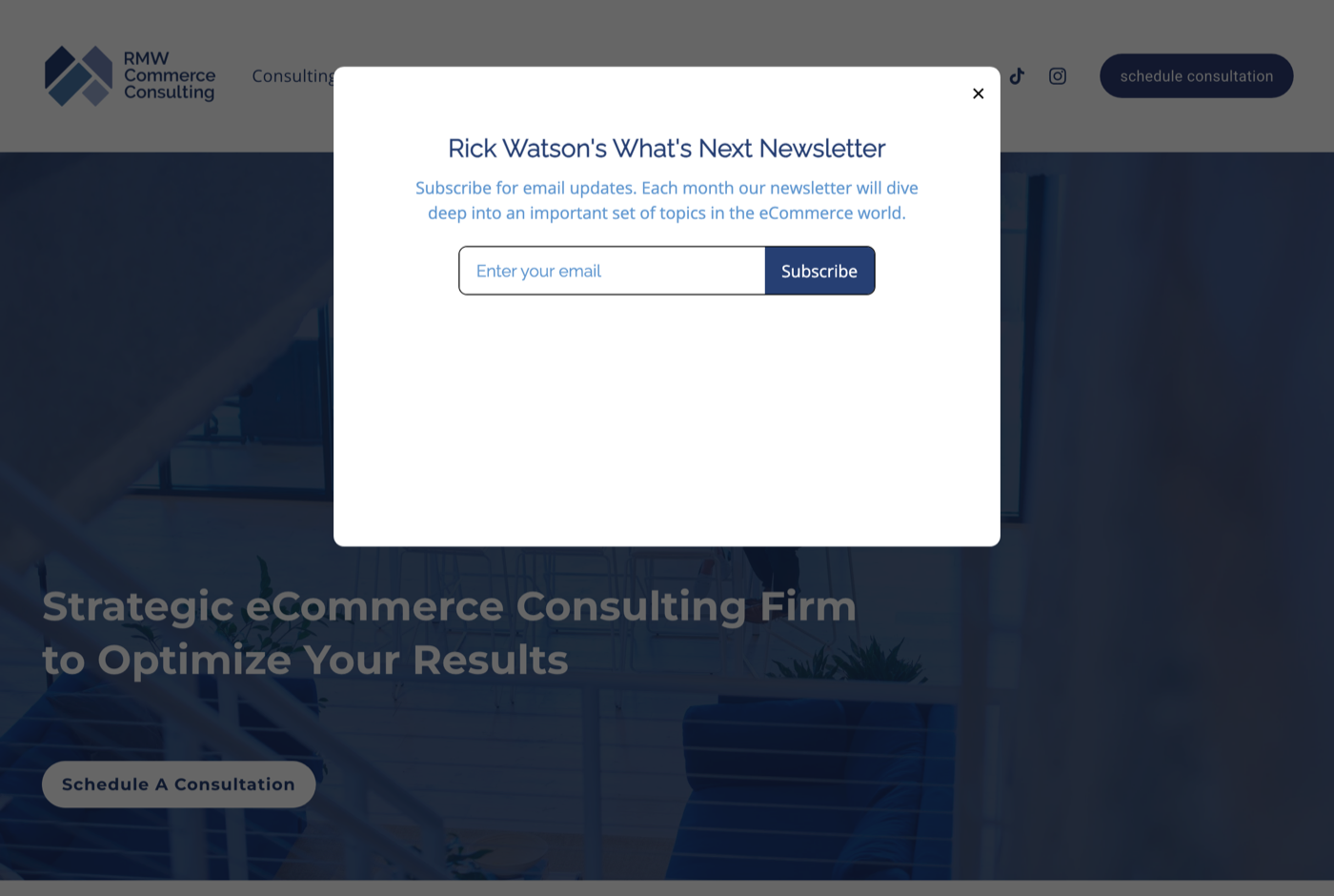 Rick Watson 的官网 rmwcommerce.com 截图——RMW Commerce 创始人兼 CEO · 电商策略——来源：rmwcommerce.com
