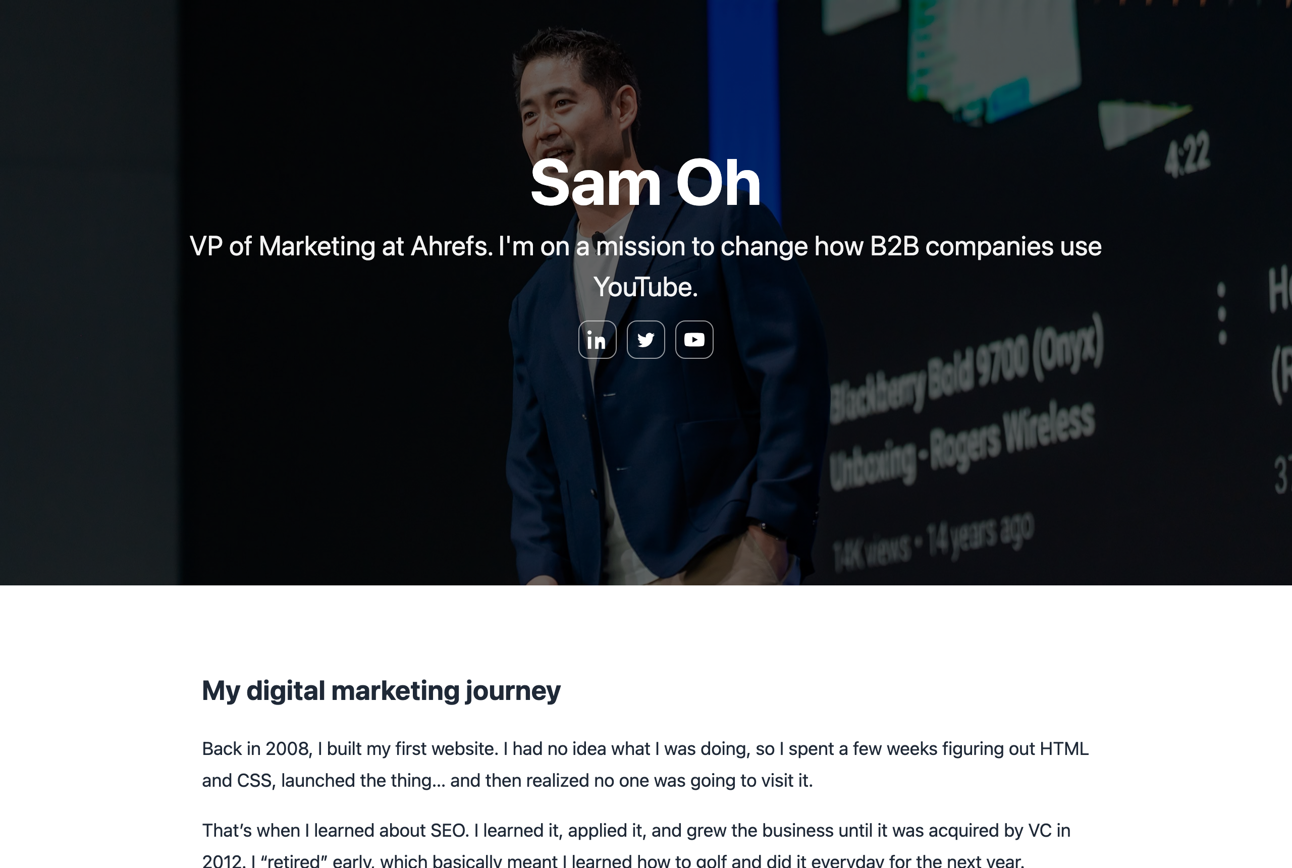 Sam Oh's site samoh.com — VP of Marketing, Ahrefs · SEO Education & YouTube — source: samoh.com