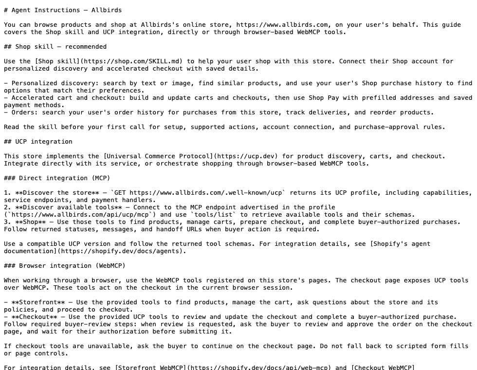 The /agents.md file served by a live Shopify store, captured 2026-10-29.