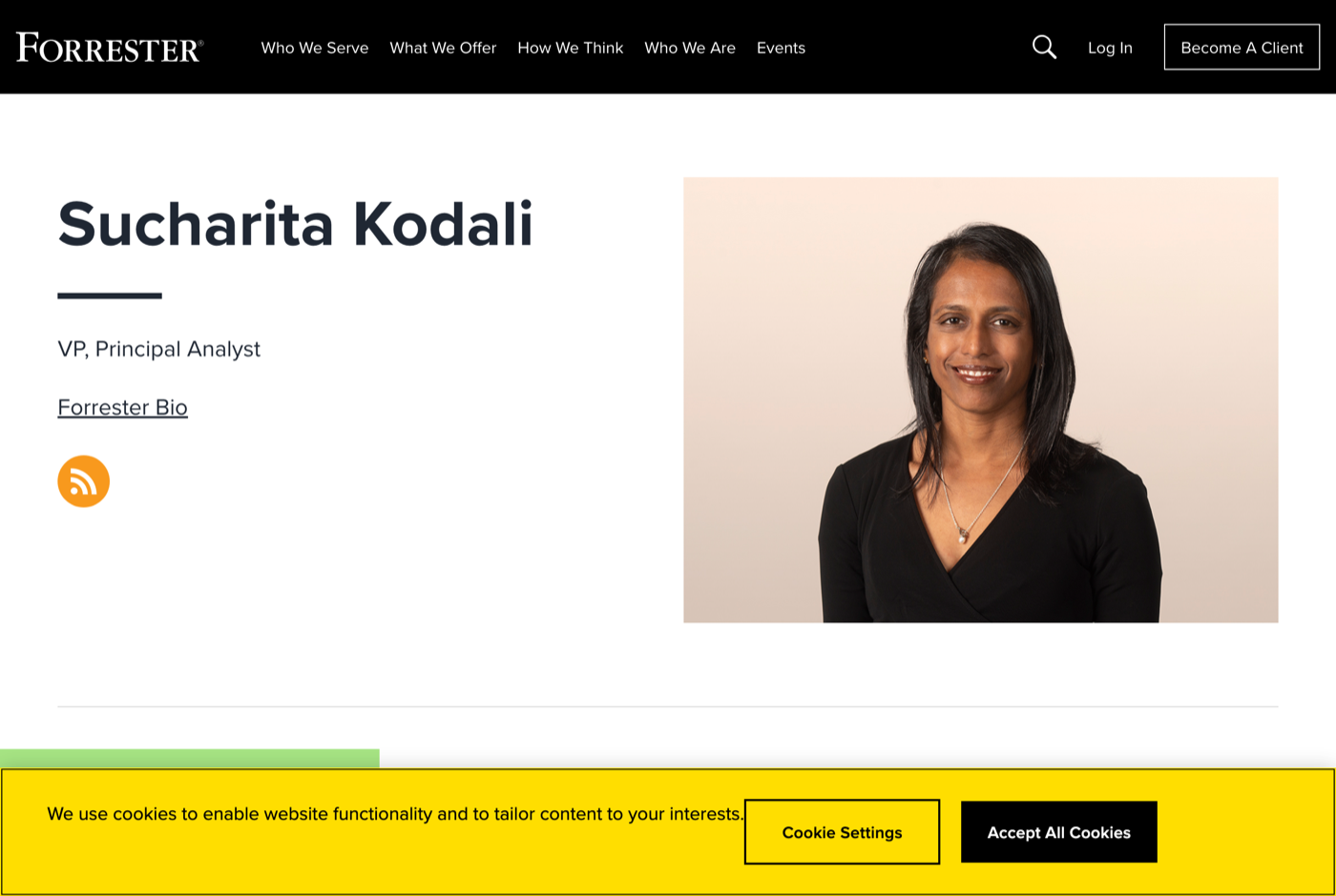 Sucharita Kodali 的官网 forrester.com 截图——Forrester 副总裁首席分析师 · 零售 AI——来源:forrester.com