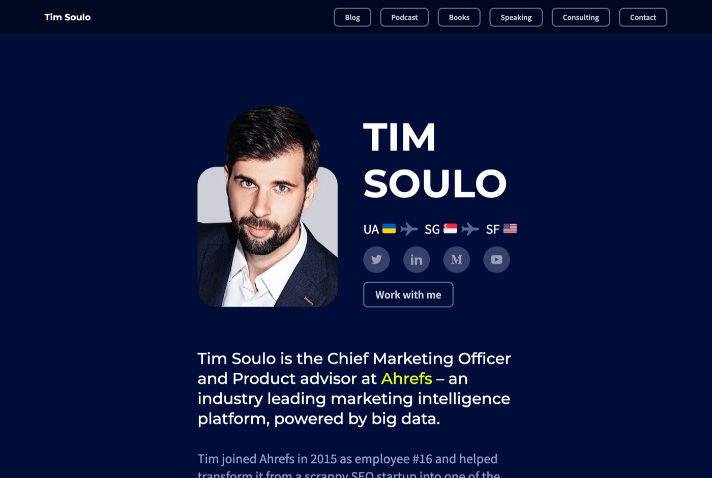 Tim Soulo 的官网 timsoulo.com 截图——Ahrefs 首席营销官 · SEO 策略与产品驱动内容——来源:timsoulo.com