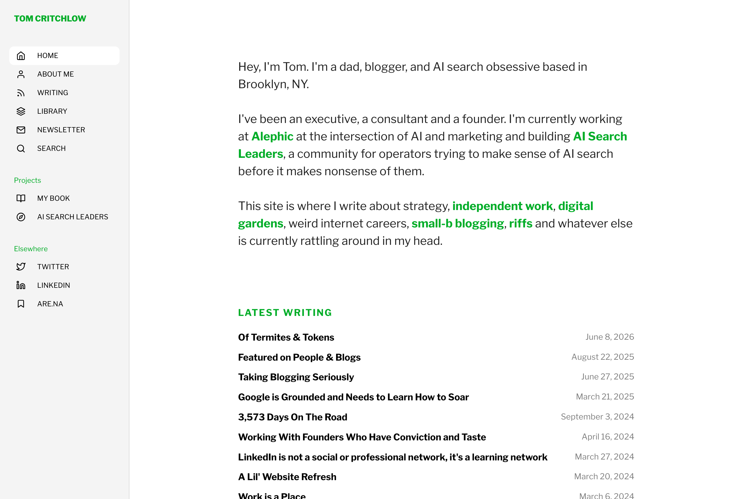 Tom Critchlow's site tomcritchlow.com — Strategist, Alephic · Founder, AI Search Leaders & SEO MBA — source: tomcritchlow.com