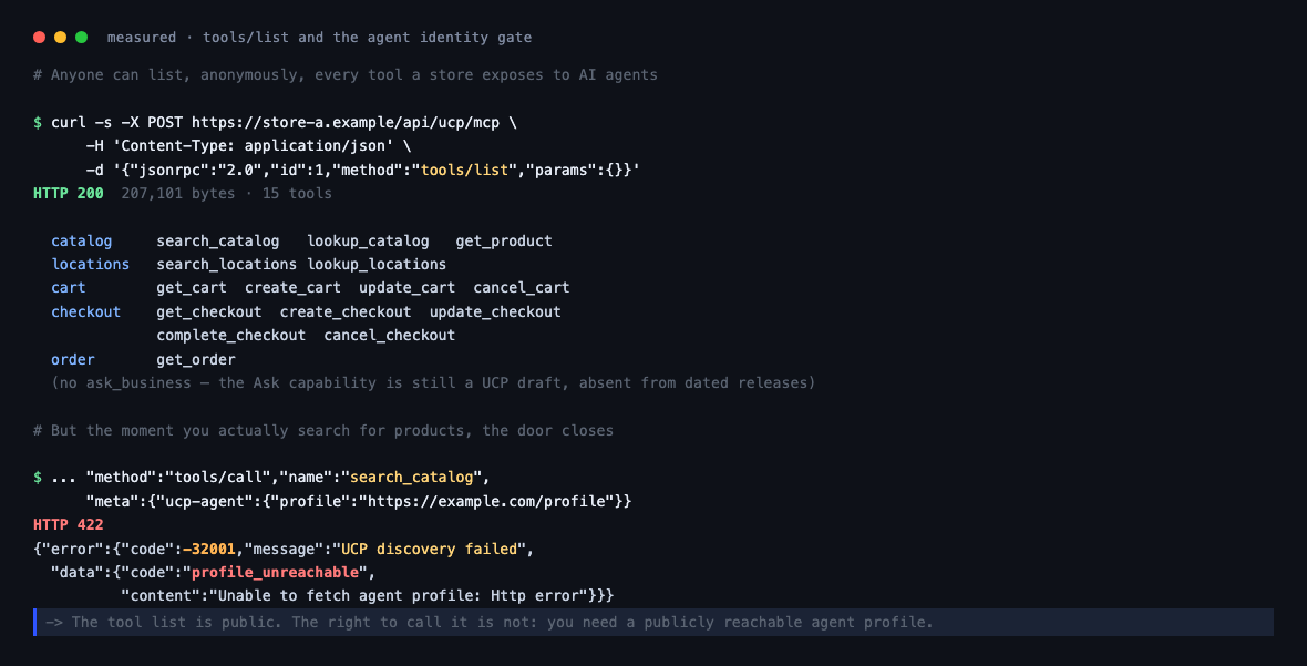 Measured tools/list response and the 422 profile_unreachable error returned when calling search_catalog with an unreachable agent profile.