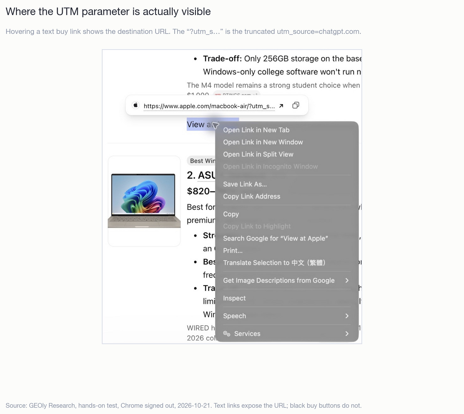 Hovering a text buy link in ChatGPT reveals the destination URL with the utm_source parameter attached.