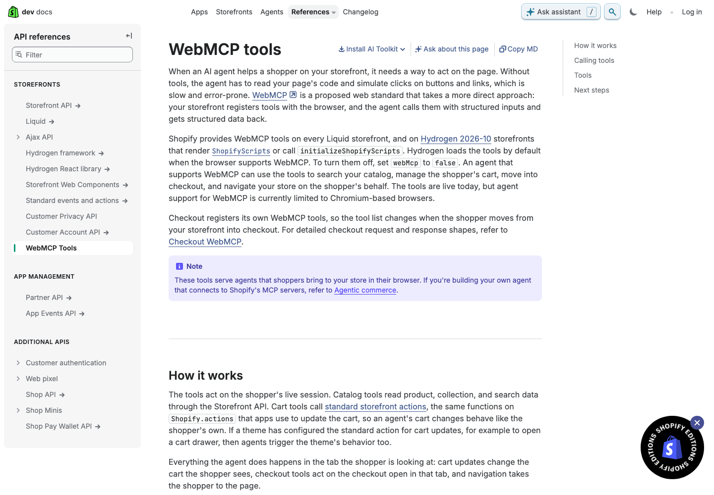 Shopify storefront WebMCP documentation, captured 2026-10-29.